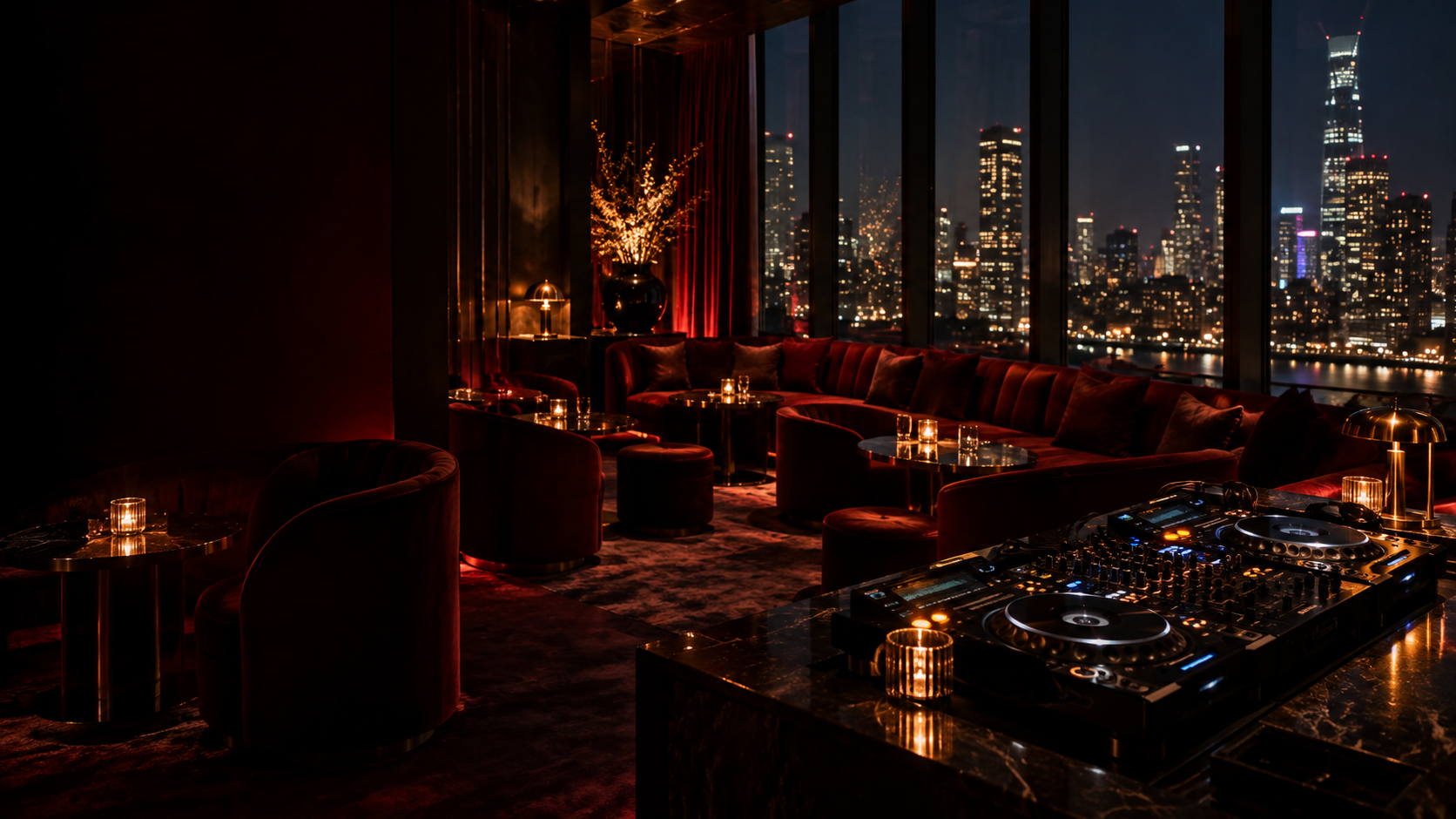 Candlelit lounge with burgundy seating, a DJ setup and a nighttime city view